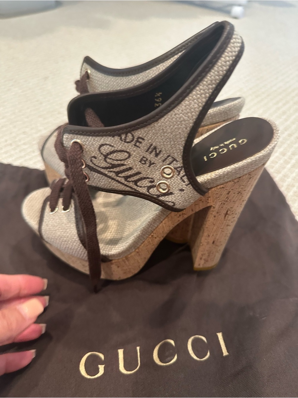 Gucci Beige and Brown Canvas Cork Platform Sandal - Picture 7 of 8